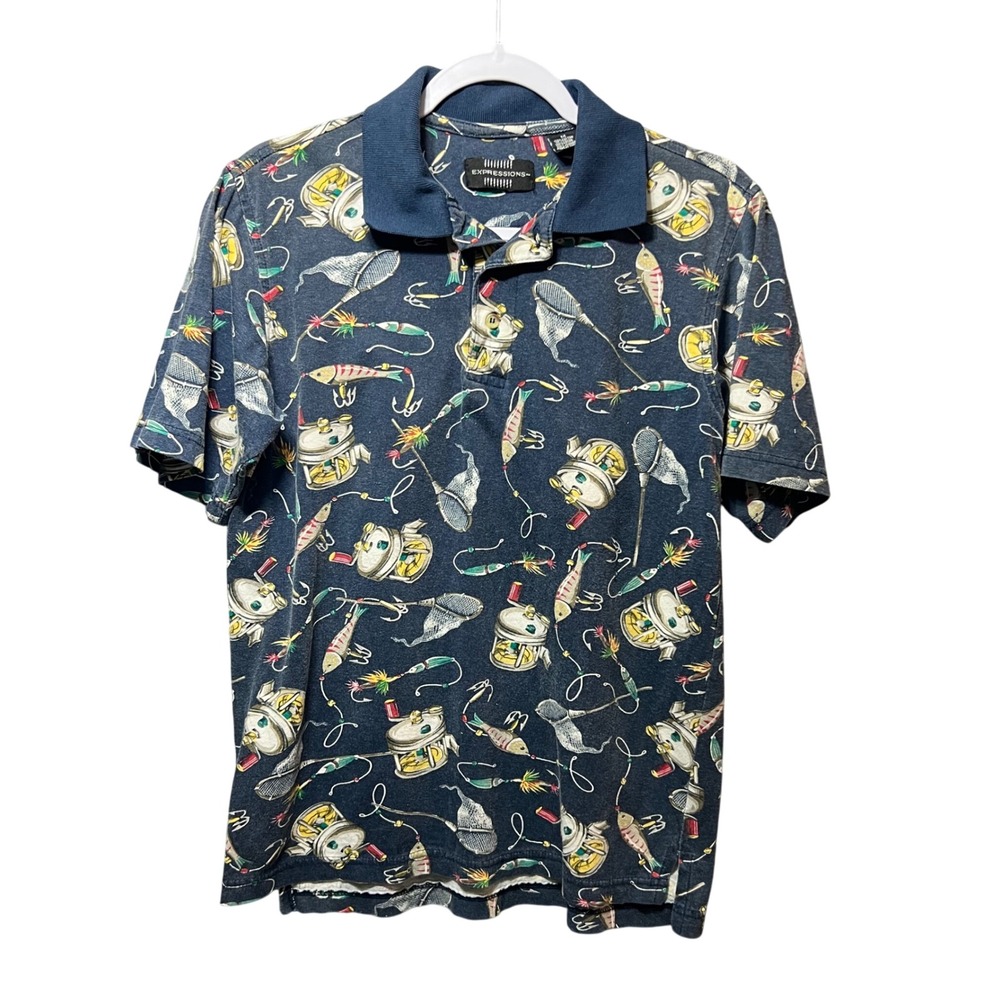 Vintage 90s Fishing Print Polo Shirt Men's M All Over Fish Lures‎ Reels Blue